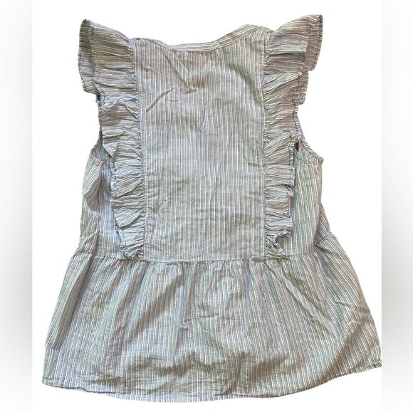 LOFT Blue and White Striped Cotton Ruffle Shoulder Tie Neck Peplum Blouse - Picture 7 of 10